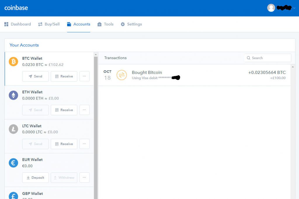 Coinbase Accounts screen (Image: Bitcoin Investors UK)