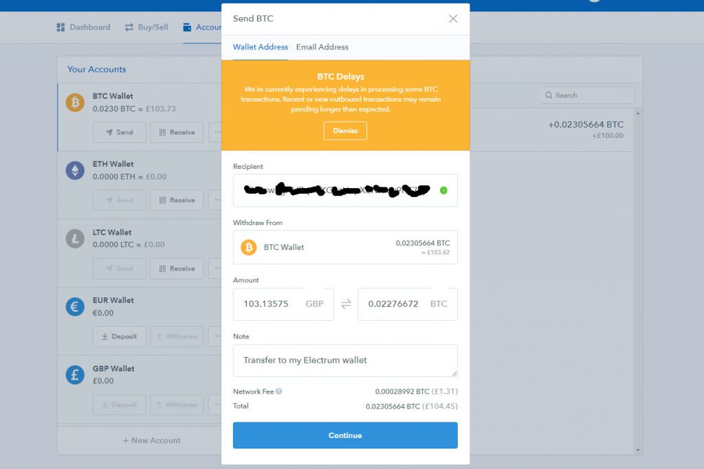 Coinbase Send BTC screen (Image: Bitcoin Investors.co.uk)