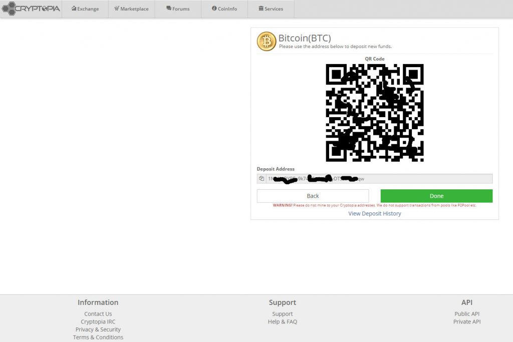 Depositing Bitcoin to Cryptopia (Image: Bitcoin Investors UK)