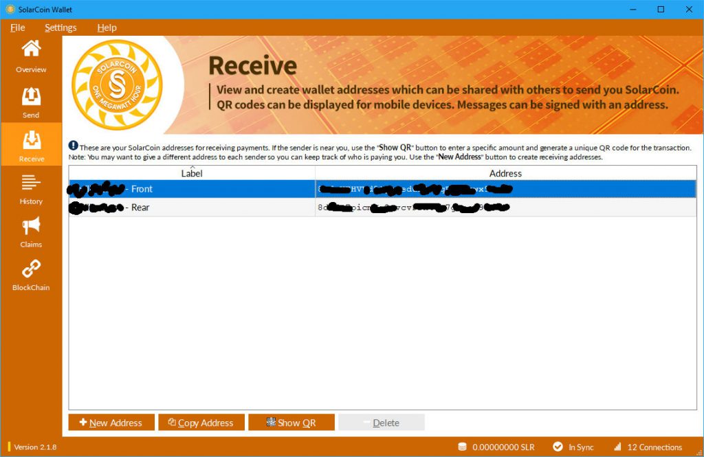 SolarCoin Wallet Receive screen (Image: Bitcoin Investors UK)