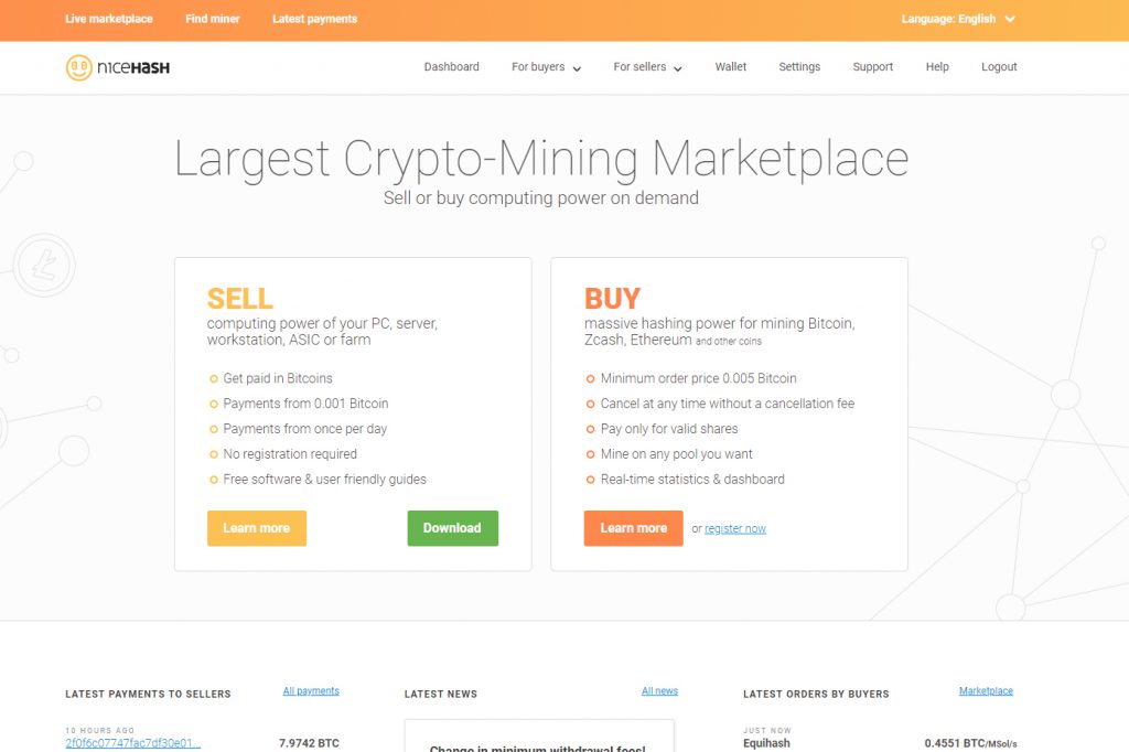 NiceHash Mining Marketplace Home Page (Image: BIUK)