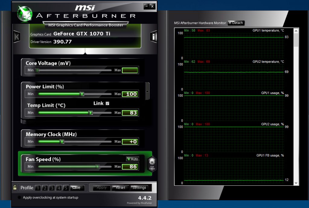 MSI Afterburner showing high graphics card temperatures during mining (Image: BIUK)